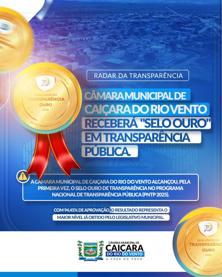 Câmara de Caiçara do Rio do Vento conquista Selo Ouro no PNTP 2025 e atinge seu melhor resultado histórico