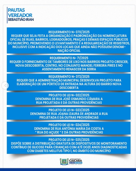 Pautas importantes de autoria do Vereador Sebastião Iran.